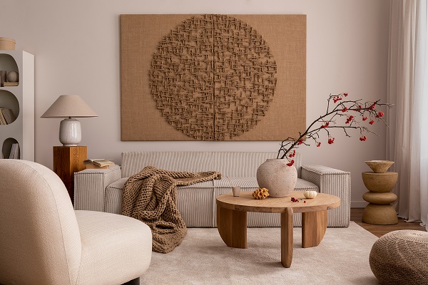 Creative composition of living room interior with mock up poster frame, beige sofa, wooden coffee table, rounded shapes armchair, vase with rowanberry and personal accessories. Home decor.